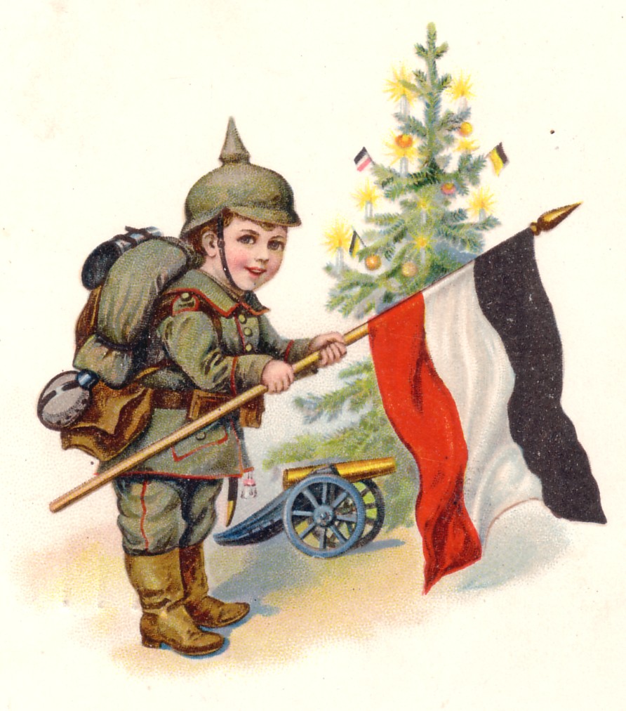 Die Postkarte von 1914 mit dem kleinen Jungen in Soldatenuniform wurde zum Leitmotiv der Ausstellung „Christkind, Kaiser und Kanonen“, Sammlung Weihnachten Rita Breuer.